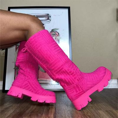 China Anti-Smell Women Tops Selling Winter Boots Women Flat Shoes Slip On Streetwear Cloth Knee High Towel Boots 2022 New for sale