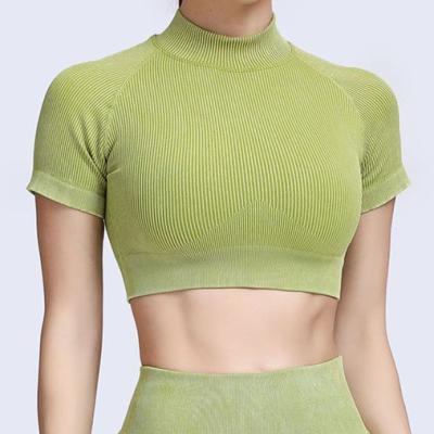 China Breathable Amazon Sand Border Seamless Knitting Wash Sports Fitness Shorts Top Seamless Sleeve Knitted Yoga Suit for sale