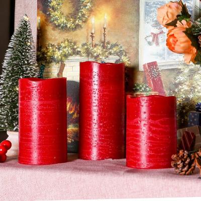 China Wedding Christmas Birthday Party Flameless Candle Red Flashing Wax Ivory Pillar with Included String LED Candle Light 3 Piece Set for sale