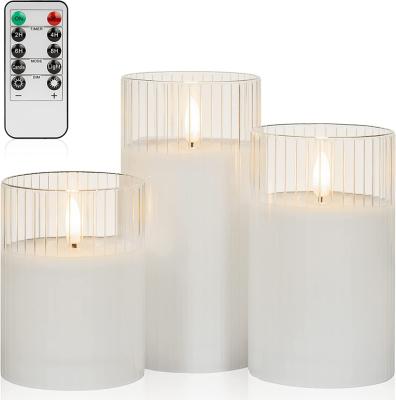 China 3 Function Remote White Clear Striped Glass Flameless Candle Blinker Battery Operated Remote Control Set for sale