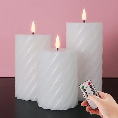 China Birthdays White Flameless Rotating Cylindrical Candle with Remote Control Timer Wax LED Battery Candle Flasher Real Set of 3 for sale