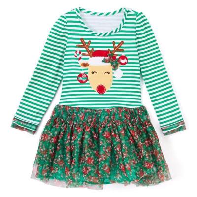 China Wholesale Breathable Cute Stripe Deer Long Sleeve Mesh Muslin Little Princess Baby Girl Puffy Dresses for sale