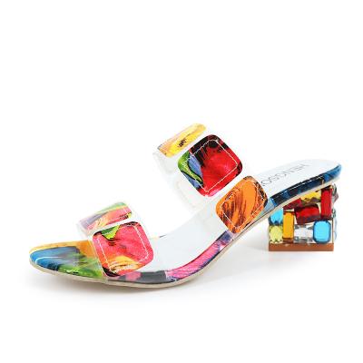 China Around 2023 new ladies slippers women rhinestone block color block high heel sandals abstract heels women's shoes for sale