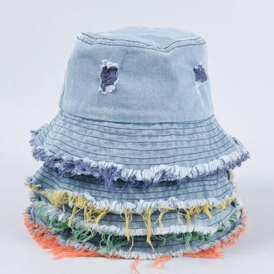 China Hot Selling Women Checked Fringed Denim Bucket Displacement Hat Distressed Vintage Fisherman Jeans Bucket Hat for sale