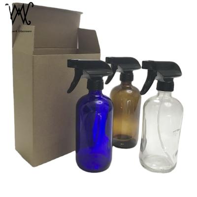 China 500ml 16oz Boston Chemical Amber Round Trigger Spray Glass Bottle For Essential Oils for sale