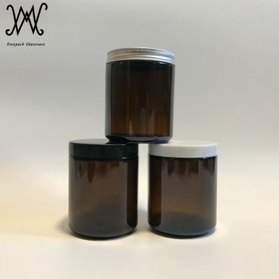 China Personal Care 8oz Amber Brown Glass Straight Sided Round Jar With Silver Metal Lid for sale