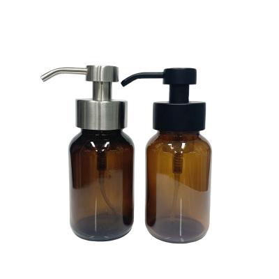 China Personal Care 250ml Amber Glass Bottle With Foam Pump Dispenser Stainless Steel For Foaming Hand Wash for sale