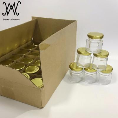 China Canned Food 1.5 oz Hex 45ml Small Hexagonal Jam Jar With 24 Gold Metal Lid Case for sale