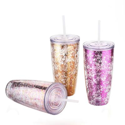 China Amazon Sustainable Hot Sale Reusable Double Wall Tumbler Tumbler Hard Plastic Cups With Removable Straw Glitter Insert for sale