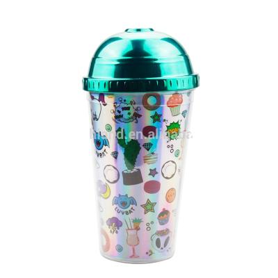 China Straw Type Inventory Viable 450ml Double Wallpaper Insert Cute Green Lid PS Plastic Cup for sale