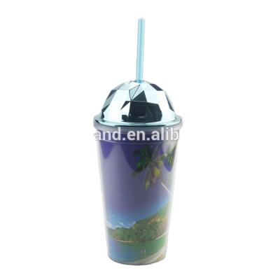 China Sustainable Wal-Mart Audit Approved 16oz 450ml Re-usable Double Wall Plastic Drink Straw Cold Cup With A Faceted Dome Lid for sale