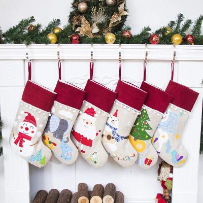 China Original Design Burlap Christmas Stockings Embroidered Christmas Ornament Family Burlap Decorations for sale