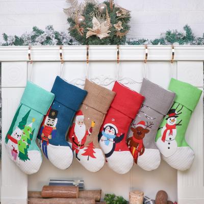 China Original Burlap/Cotton Design Christmas Stockings Embroidered Applique Burlap Fireplace Christmas Hanging Ornament for sale