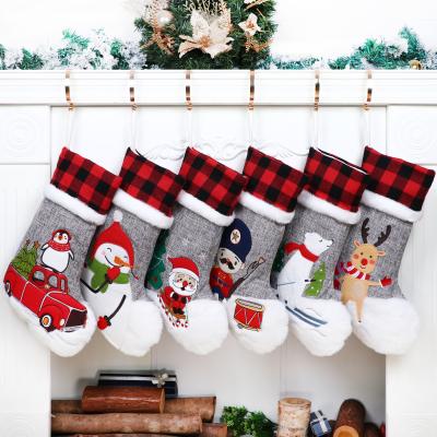 China Original Gray Burlap Bufflo Red Plaid Burlap Design Embroidery Christmas Stocking Loose Hanging Ornament for sale