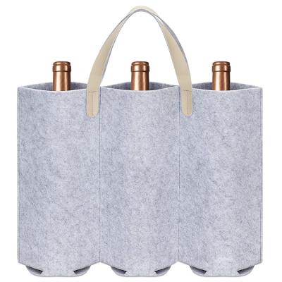 China Wine Felt Shopping 3 Bottles Portable Tote Carrier Bag With Leather Handle for sale