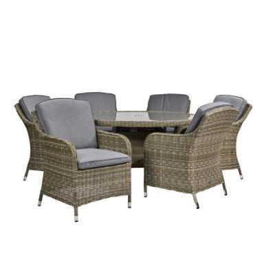 China Eco-friendly Round Rattan Patio Wicker Garden Furniture Set Dining Table And Chairs Glass Table For Garden Use Dining Furniture Set for sale