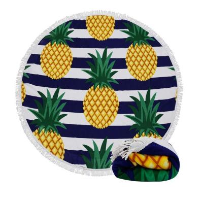 China QUICK DRY custom print pineapple fruit round oversized beach towel with tassels for sale