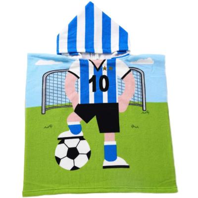 China Compressed Soft Microfiber Kids Football Design Bath Towels With Hood Beach Poncho for sale