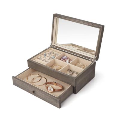 China Viable Multi-Layer Partition Drawer With Mirror Storage Jewelry Ring Wooden Box for sale