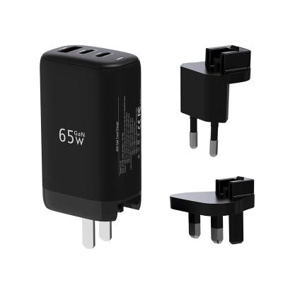 China Mobile Phone Charger gan Premium Quality QC 3.0 Quick Charging Type Interchangeable AC Wall Plug 65w Charger for sale