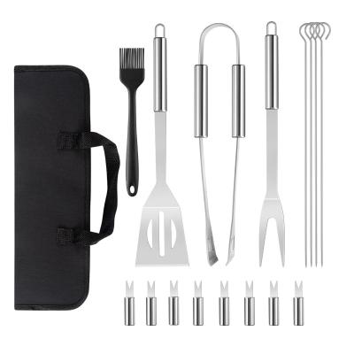 China Easily Cleaned 16 Pieces Garden Grill Accessories Storage Case Stainless Steel BBQ Tool Kit Combine Spatula Fork Brush Tongs Spike for sale