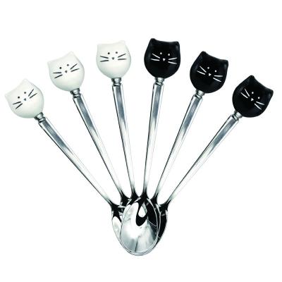 China Amazon Selling Funny Cute Hot Viable Stainless Steel Ice Cream Cat Spoon Fork Tea Coffee Dessert Spoon for Cat Mug Black and White for sale