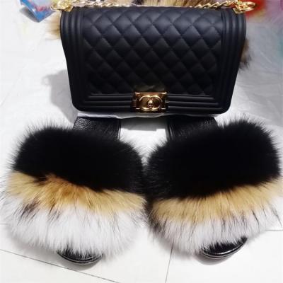 China Fashion trend personalized customization women fluffy fur slippers big fur slides freeze purse and fur slides sets for sale