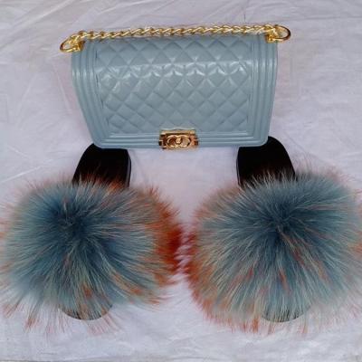 China Fashion trend personalized customization fur slippers with bags fur slides and sheers set fur slippers purse set for sale