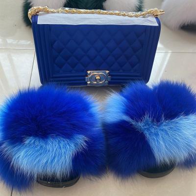 China Fashion trend personalized customization fur slides and sheers set jelly purse and fur slippers sets fur slippers with bags for sale