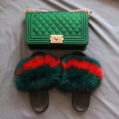 China Latest Fashion Trend Design Fur Slides Handbag Sets Fur Slides And Purse Set Fur Slides And Bag for sale