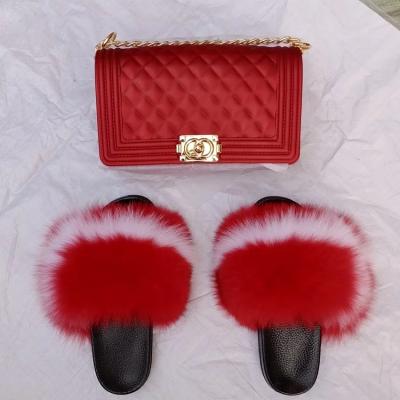 China Custom Fashion Trend Fur Slide and Purse Set Jelly Fur Purse and Slippers Sets for sale