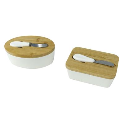 China Viable Nordic Style Butter Dish Keeper Container Food Canning Ceramic Butter Box With Lid And Bamboo Knife for sale