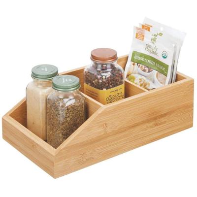 China Hot Selling Sustainable Food Storage Bin Bamboo Wooden Organizer with Divided 3 Compartments and Slanted Front for Buffet Pantry Shelf for sale