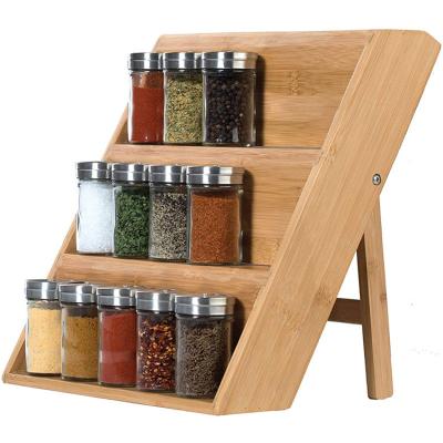 China Kitchen Eco-Friendly Sustainable Kitchen Countertop Foldable Seasoning Spice Shelf 3 Tier Spice Rack Bamboo Organizer for sale