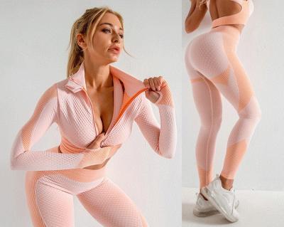 China Yoga Sweat-Wicking Gaiters Sportswear Pants Seamless Crop Top Zipper Leggings Gym Fitness Top Sets for sale