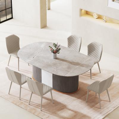 China Stone Marble Top High End Agglomerated Ceramic Marble Dining Table Set 10 Seater Long Round Edge Steel Dining Table for sale