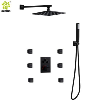 China Without Brass 3 Function LED Shower Head Slide Bar Concealed Thermostatic Shower Set Black for sale