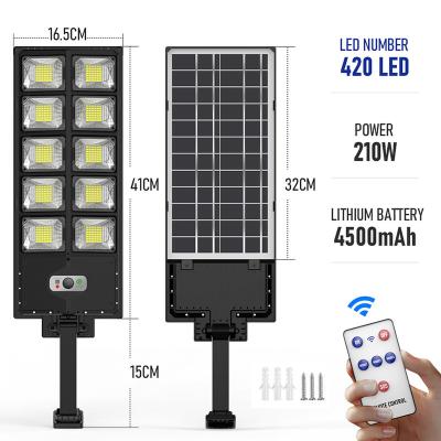 China Warehouse 100W 200W 210W Waterproof Motion Sensor High Lumens 420 LED Solar Street Light With Lens for sale