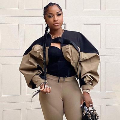 China Fashion Streetwear QUICK DRY Lantern Patchwork DLL Splice Puff Sleeve Khaki Tie Wrap Coat Ladies Spring Cropped Top Short Women Bomber for sale