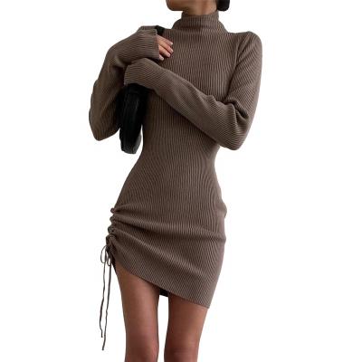 China CIS Style DK21D0 Anti-Static Knitted Dresses Women Neck Drawstring Adjustable Wrap Long Sleeve High Fashion Design Ribbed Knit Dress for sale