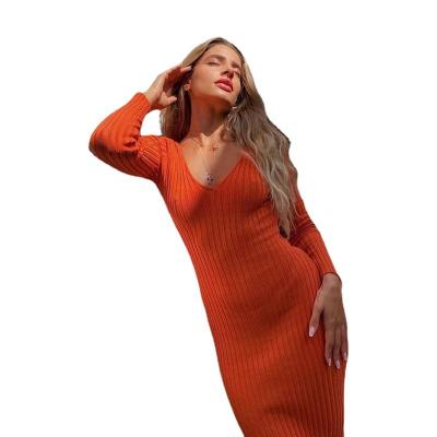 China Ins Style D6765 Solid Color Dresses Women Winter V-Neck Knitted Long Sleeve Wrap Anti-Static Thin Rib Knit Dress for sale