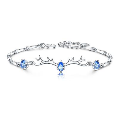 China High Quality 925 Sterling Silver Blue Deer Jewelry Zircon Antler Christmas Jewelry Charm Bracelet for sale