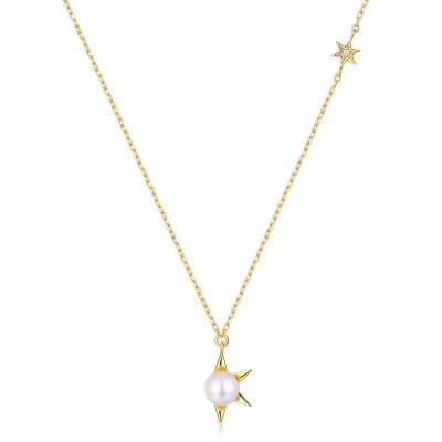 China Romantic 925 Sterling Silver Gold Plated Contracted Meteor Abstract Star Pearl Natural Freshwater Necklace for sale