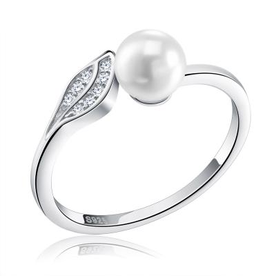 China FASHIONABLE Women Wedding Open Ring S925 Ring Women Dainty Pearl Ring Silver Leaf Design Jewelry Gift for sale