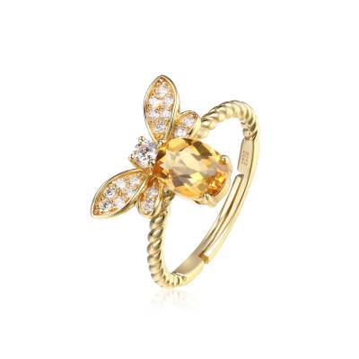 China 2020 Wholesale Cute Geometric Lady Citrine Honey Bee Ring 925 Sterling Silver Ring Cute Adjustable for sale