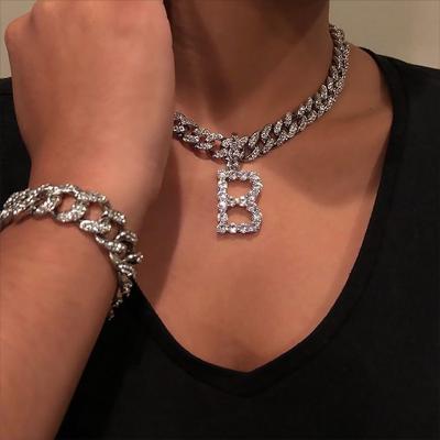 China Trendy Jewelry For Women Hip Hop Chunky Choker Necklace Cuban Chain Bling Rhinestone Letter Necklace Jewelry Initial Necklace for sale