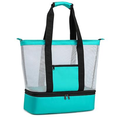 China Fashion Custom Handbags Picnic Detachable Zippered Insulated Bag Mesh Beach Cooler Tote Bag Beach Mesh Tote Cooler Bag for sale