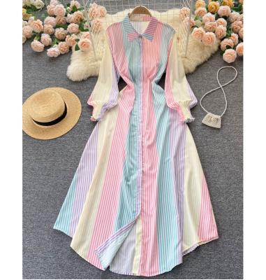 China Women's Anti-Static Spring Summer Long Sleeve Stripe Maxi Shirt Dresses Ladies Women Casual for sale