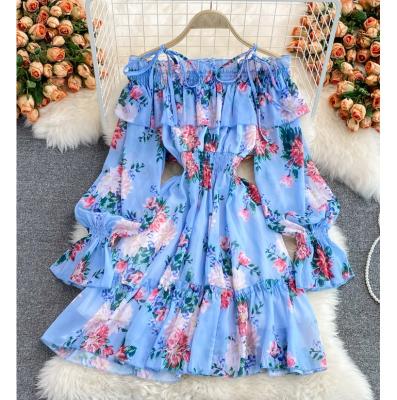 China 2022 Spring Summer Anti-Static Women Sheath Long Boat Neck Lantern Sheath Floral Blue Chiffon Dresses For Ladies for sale