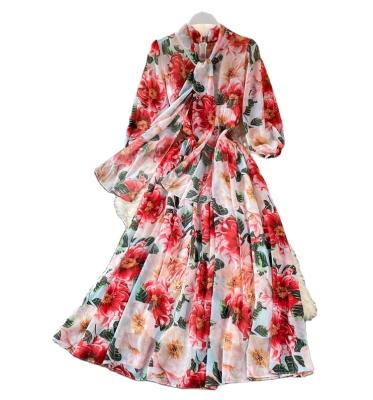 China Dress 2021 summer vacation summer long skirt anti-static elegant printed women's sweet bow neck lace ladies dress for sale